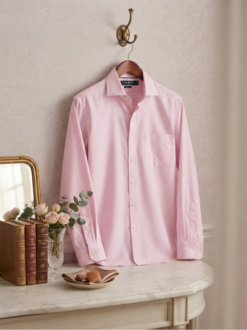 Lauren Ralph Lauren Men Dress Shirt 15.5 32/33 Pink White Stripe. Classic Fit